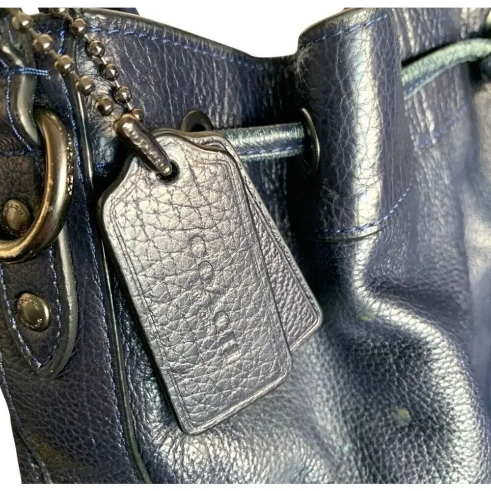 Coach Mickey Navy Blue Pebbled Leather Drawstring Bucket Bag Crossbody Classic